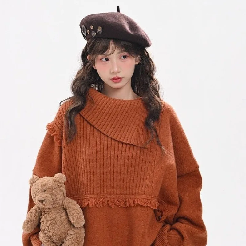 Women Irregular Collar Tassel Knit Sweater With Bear Decor Oversized Pullover Casual Autumn Winter Tops