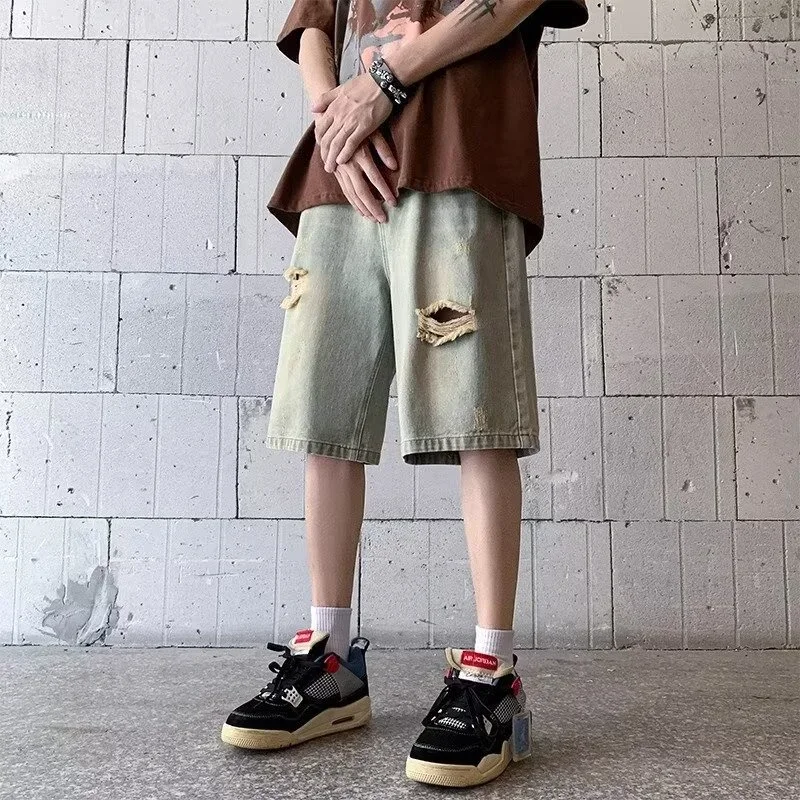 Summer Distressed Ripped Jorts Mens Drawstring Retro Fashion Denim Shorts Hombre Y2K Streetwear Baggy Short Jeans Blue Bermuda