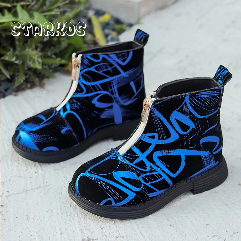 Diamond Checker Print Ankle Boots For Kids Girls 2024 Autumn New Front Zipper Short Booties Children Flat Leopard Denim Botas