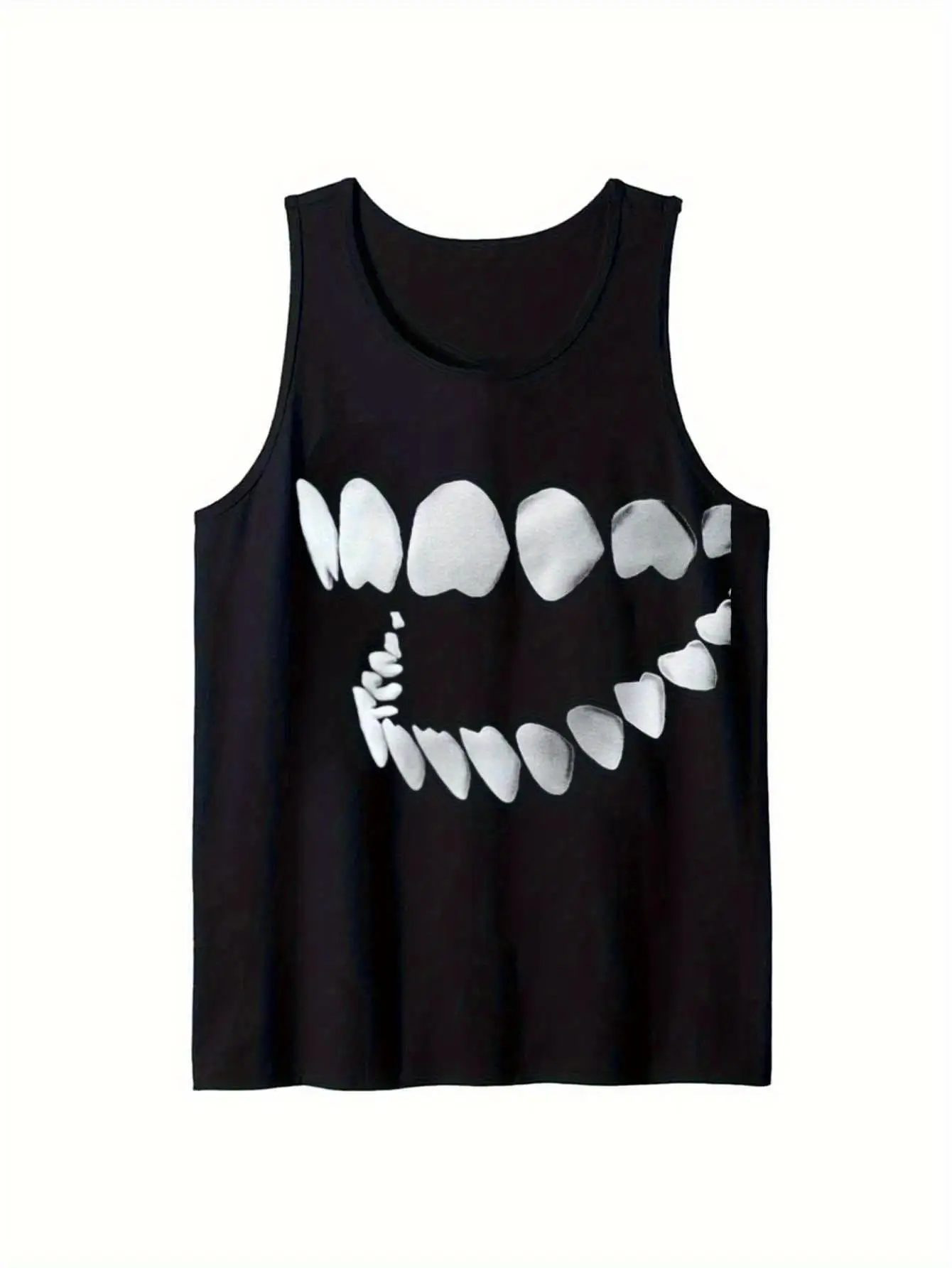 1 piece of avant-garde gothic teeth pattern vest for men - black cotton sleeveless shirt with white smile and sharp fangs design