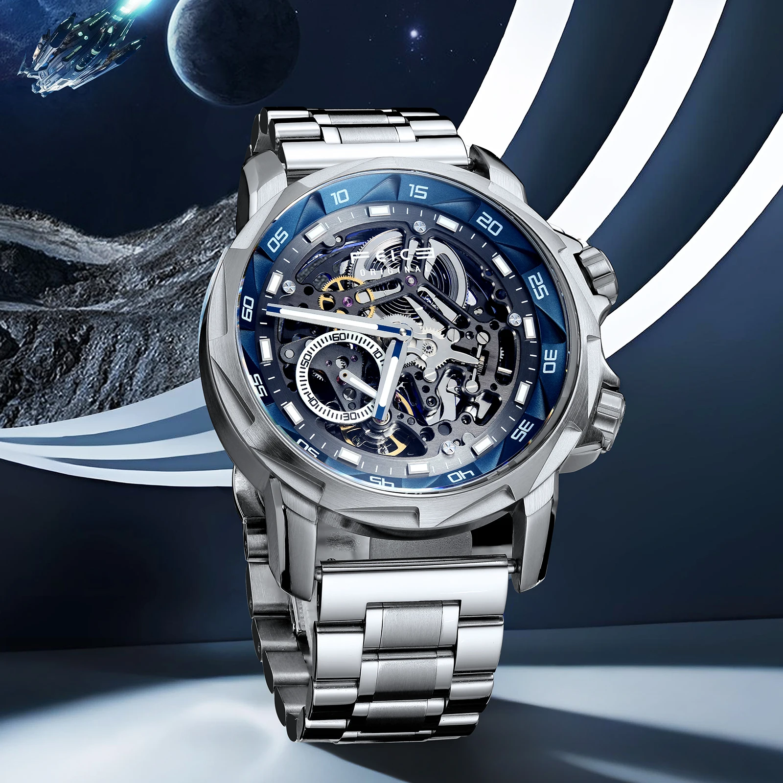 FEICE FM511 Men's Automatic Mechanical Watch,Fashion Watch For Men,Blue Skeleton Dial,Stainless Steel band,Luminous,Waterproof