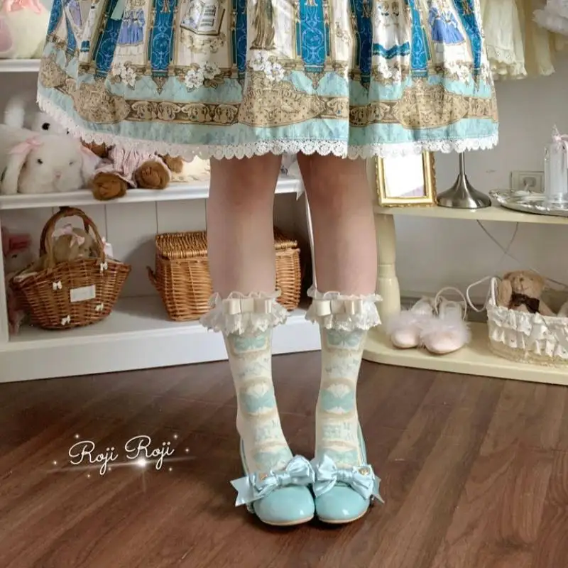 Vintage Stamp Butterfly Print Mid‑Calf Socks Women Bow Sweet Lolita Calf Socks Kawaii Harajuku Y2K Fairycore Multi‑color Hosiery