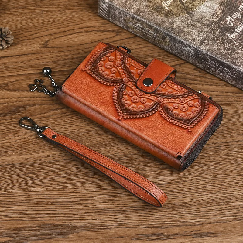 Johnature Women's Genuine Leather Wallet 2026 New Handmade Embossed Zipper Hand Purse Retro Mini Shoulder Bags