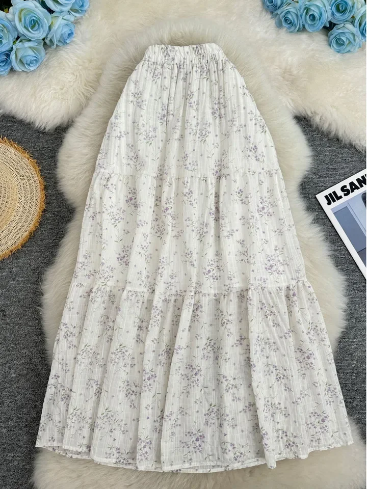 New 2026 Summer Floral Dot Patchwork Large Hem Skirt For Women Casual Versatile A-line Mid-length Skirt