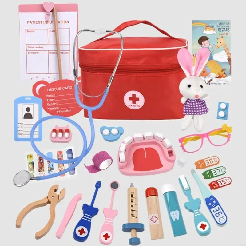 F62D Simulation Doctor Toy for Play House Simulation Doctor Injection Toy Gift Children's Wooden Simulation Bag Box