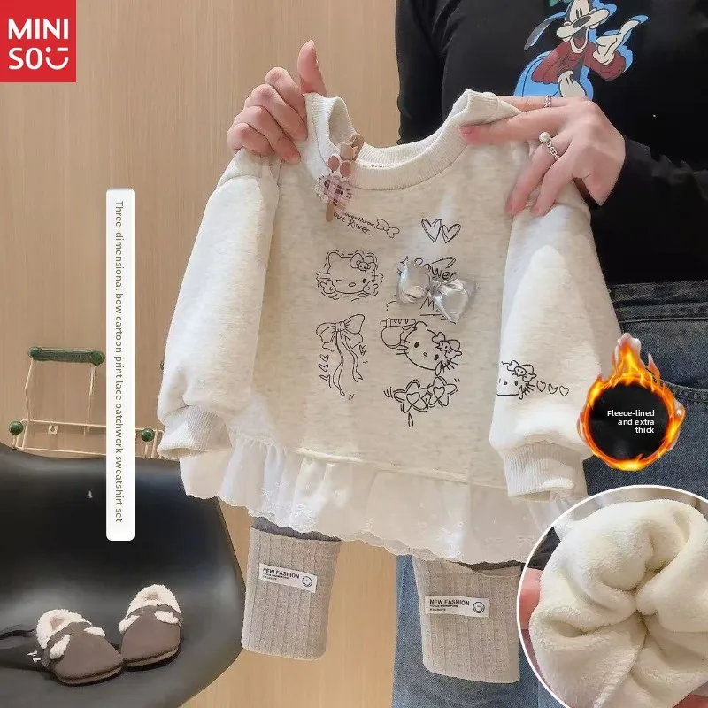 

Miniso Girls 2025 Winter Set, Lace Trim Fleece Hoodie & Leggings Two-Piece, Plush Outfit
