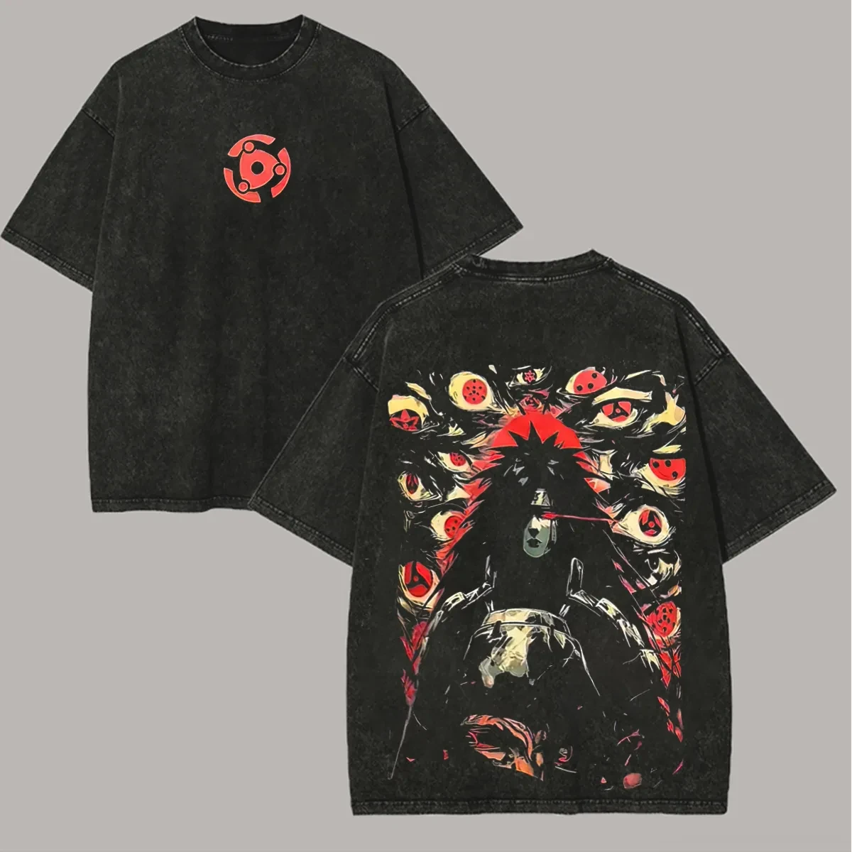 Madara T-Shirt Naruto Sharingan Augen Vintage Acid Wash Streetwear Übergroßes Retro Anime Grafik Herren T-Shirt Baumwoll-Oberteil Kleidung