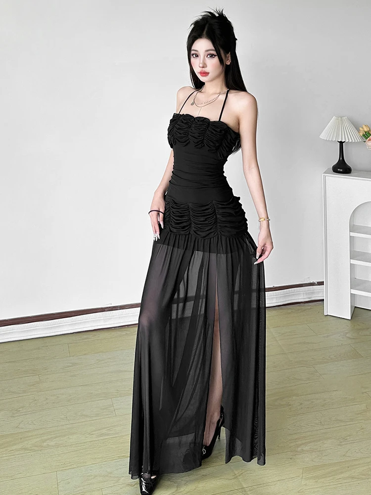

Insglas Backless Elegant Patchwork Mesh Maxi Dress Women High Slits Folds Halter Bandage Sleeveless Temperament Banquet Vestidos