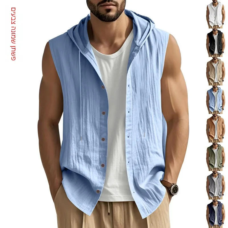 

Men's Casual Sleeveless Linen Shirt Loose Fit Summer Top Breathable Color Hooded Fashionable Long Sleeve Button down