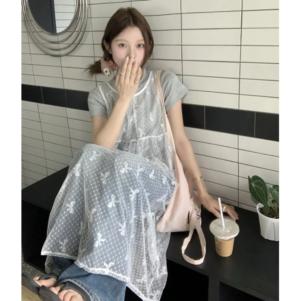 

Summer White Strapless Dress Women's Backtie Halter Vest Dress Long Skirt Knot Layering Casual Sportswear Set