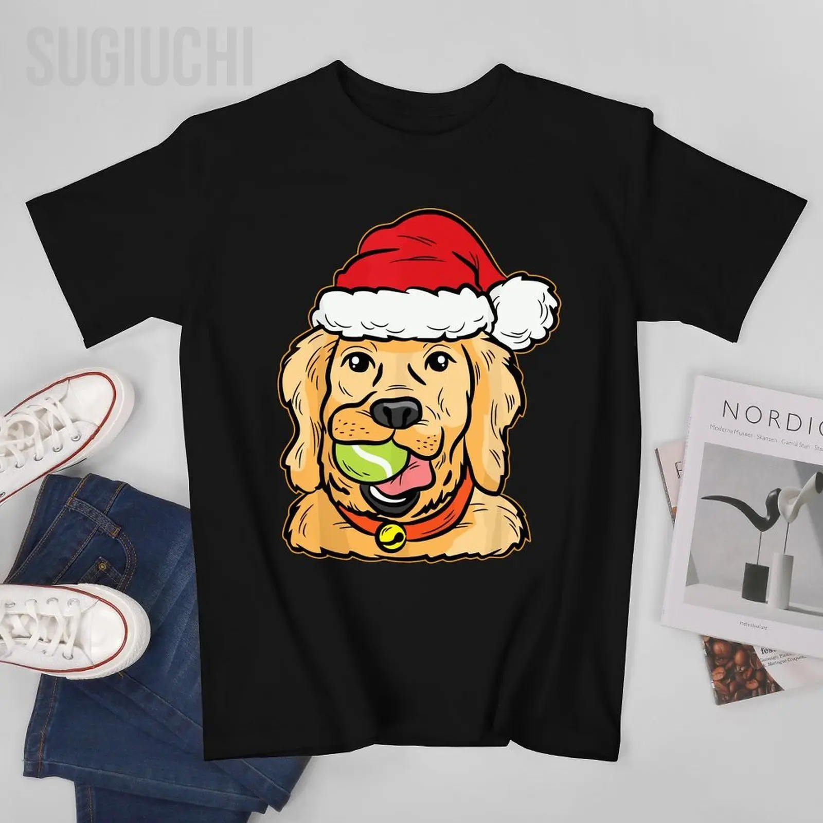 Unisex Men Christmas Golden Retriever Dog Tshirt Tees T Shirts Women Boys 100% Cotton T-Shirt