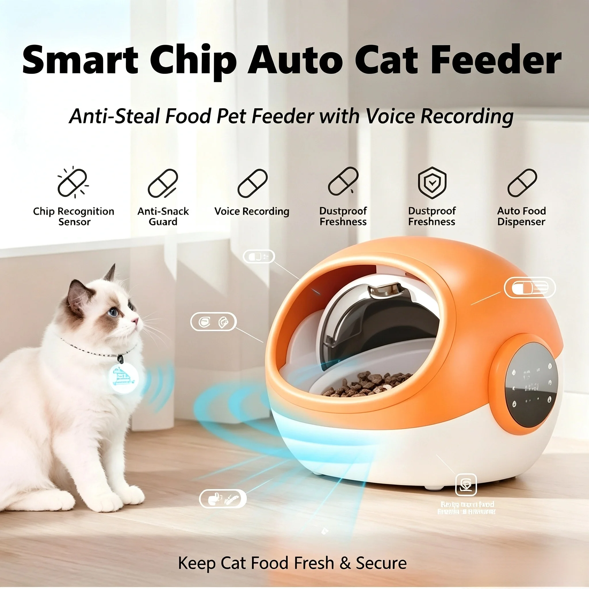 RFID Chip Recognition Automatic Cat Feeder Anti-Snatch Sound Record Dustproof Fresh Keeping Smart Pet Food DispenserforCats Dogs