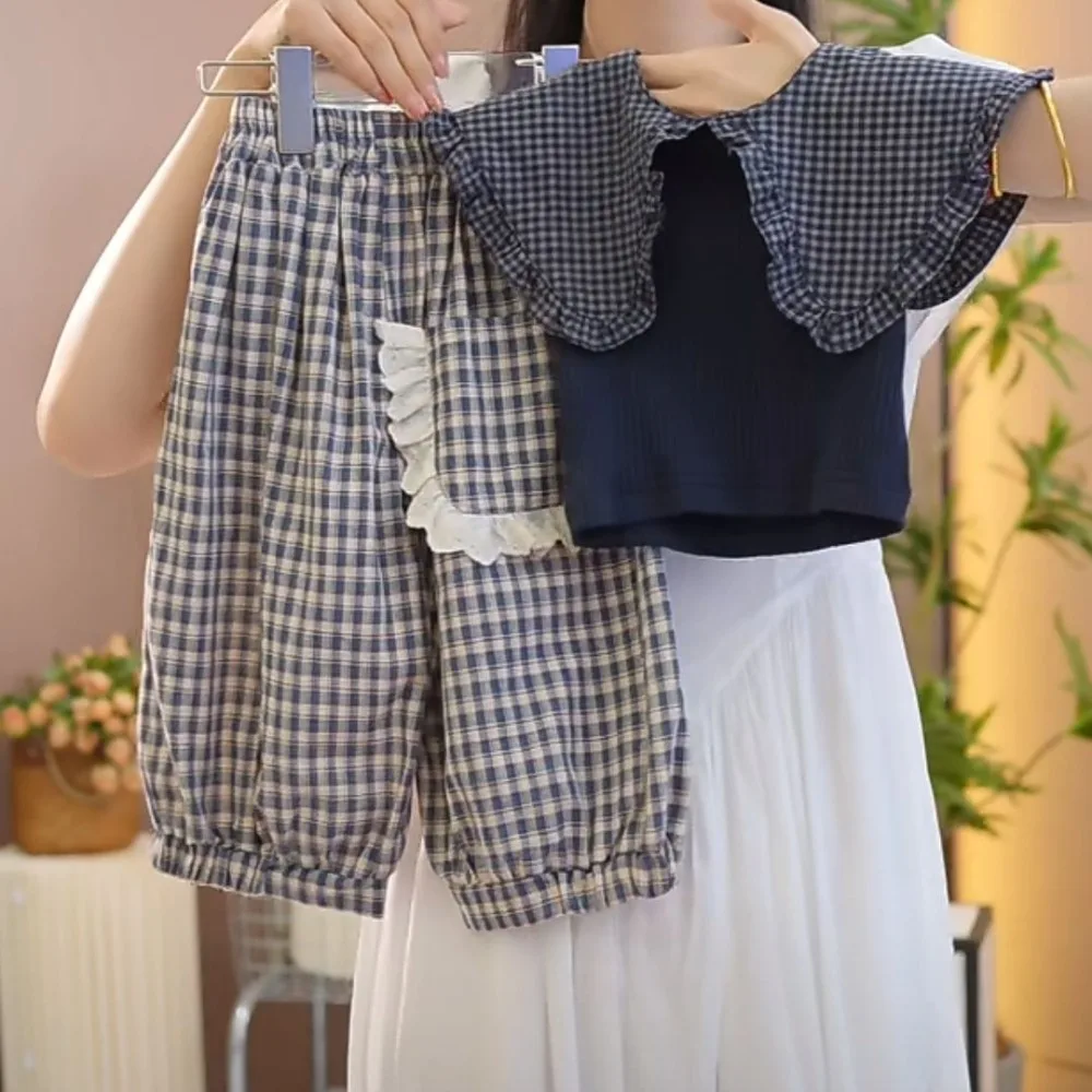 Корейская версия, модный клетчатый костюм с воротником, топ без рукавов и брюки-фонарики с карманами, комплект из двух предметов для одежды для девочек