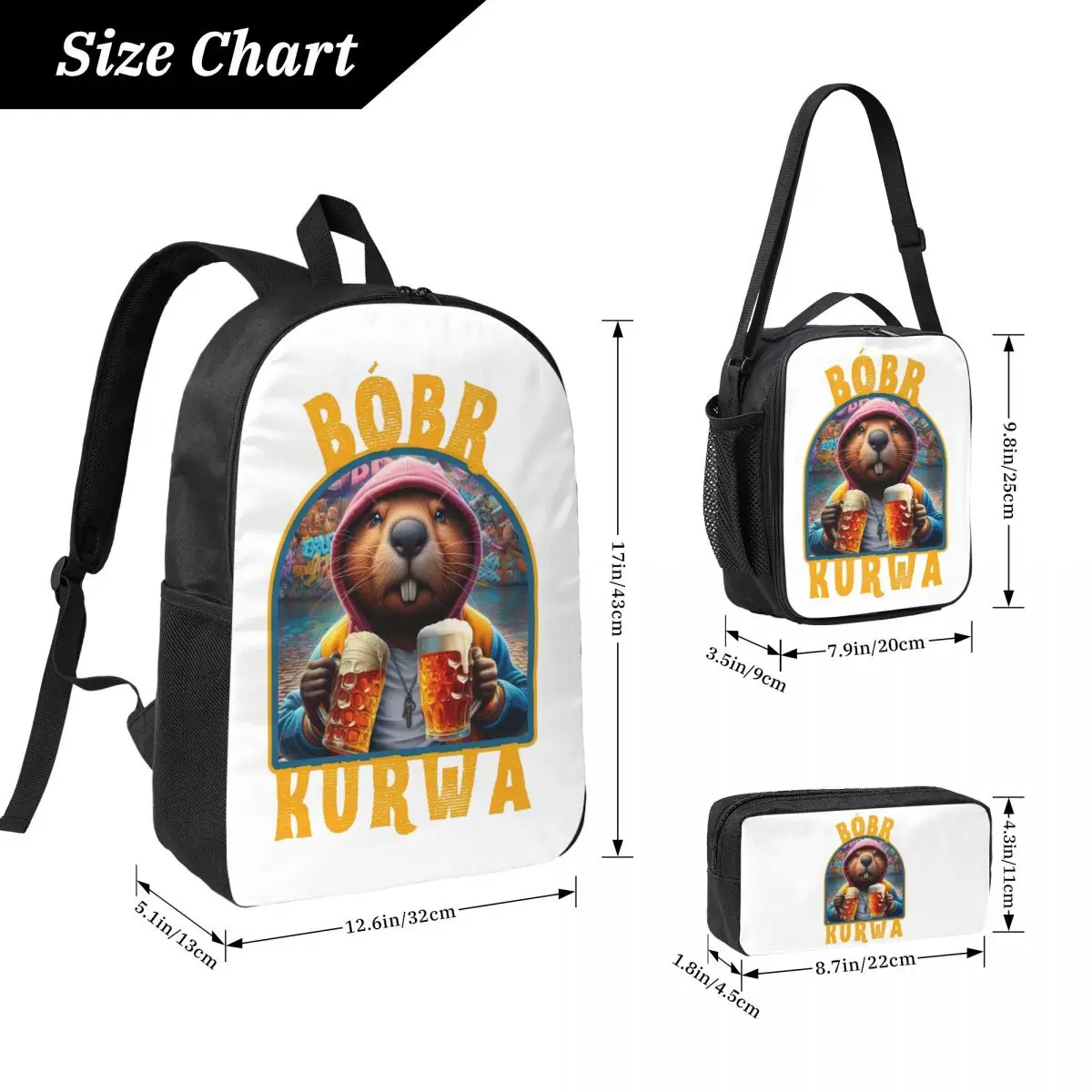 Bober Bbr Beaver Backpack Boys Girls BookBag School Bag Laptop Shoulder Bags 3ps Insulated Lunch Bag Pencil Case