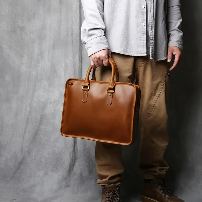Retro Genuine Leather Men's Computer Bag  Crazy Horse Leather  Commuting Bag Top Layer Cowhide Single Shoulder Crossbody Bag