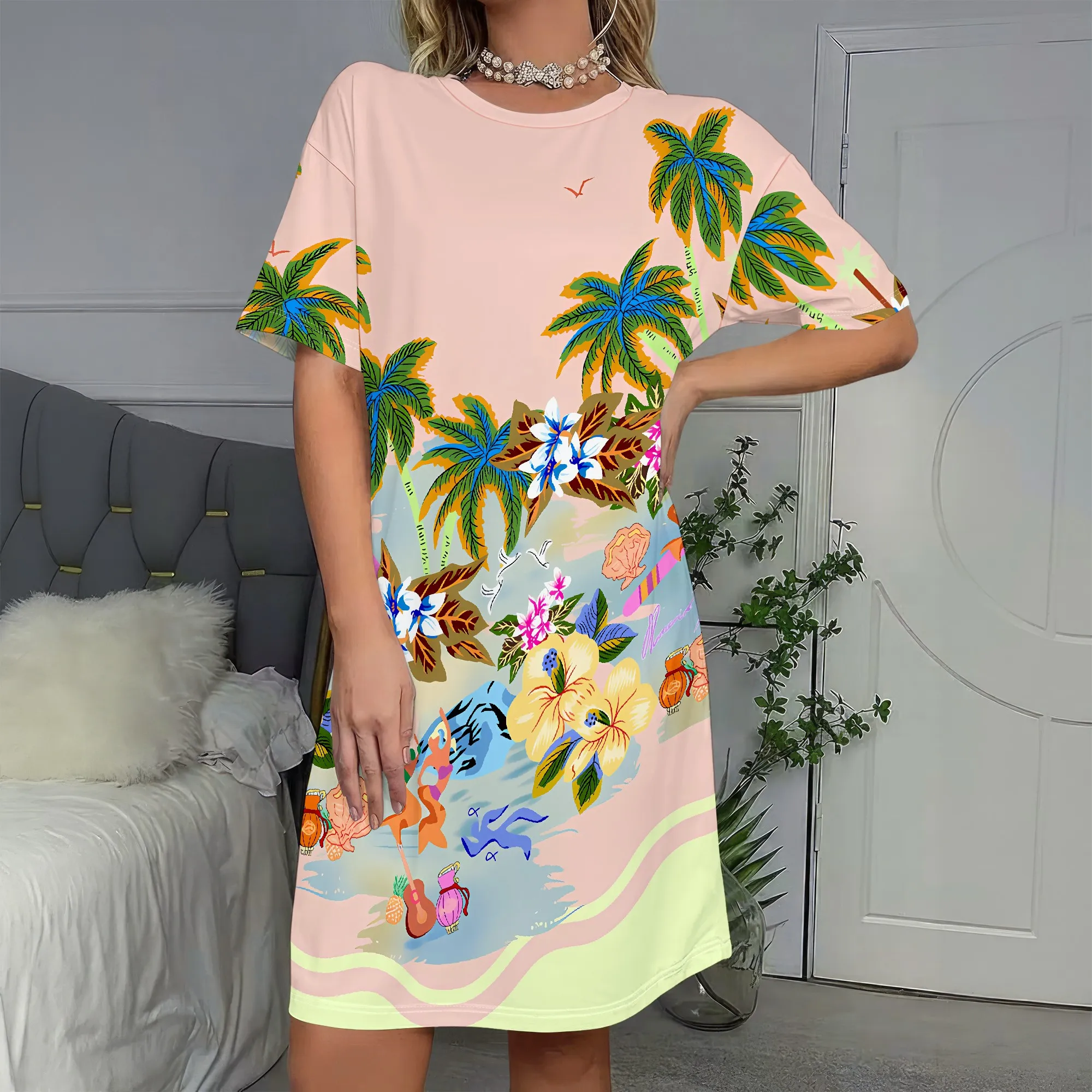 Tropical Palm Print Dress, Summer Beach T-Shirt Dress, Floral Pattern Short Sleeve, Vacation Resort Wear, S-2XL