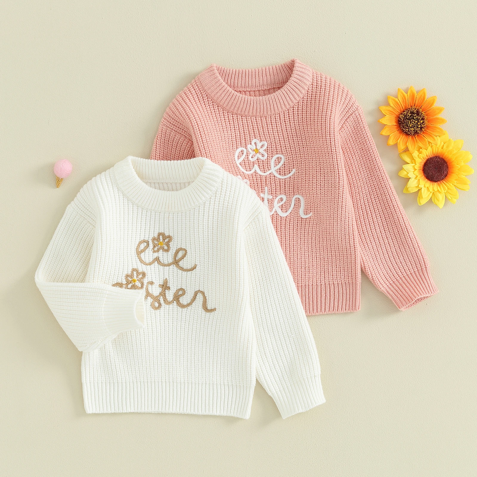 2023-09-09 Lioraitiin 0-4Y Kids Baby Girls Sweaters Letter Embroidery Knitted Loose Long Sleeve Sweater Jumpers Tops Clothes