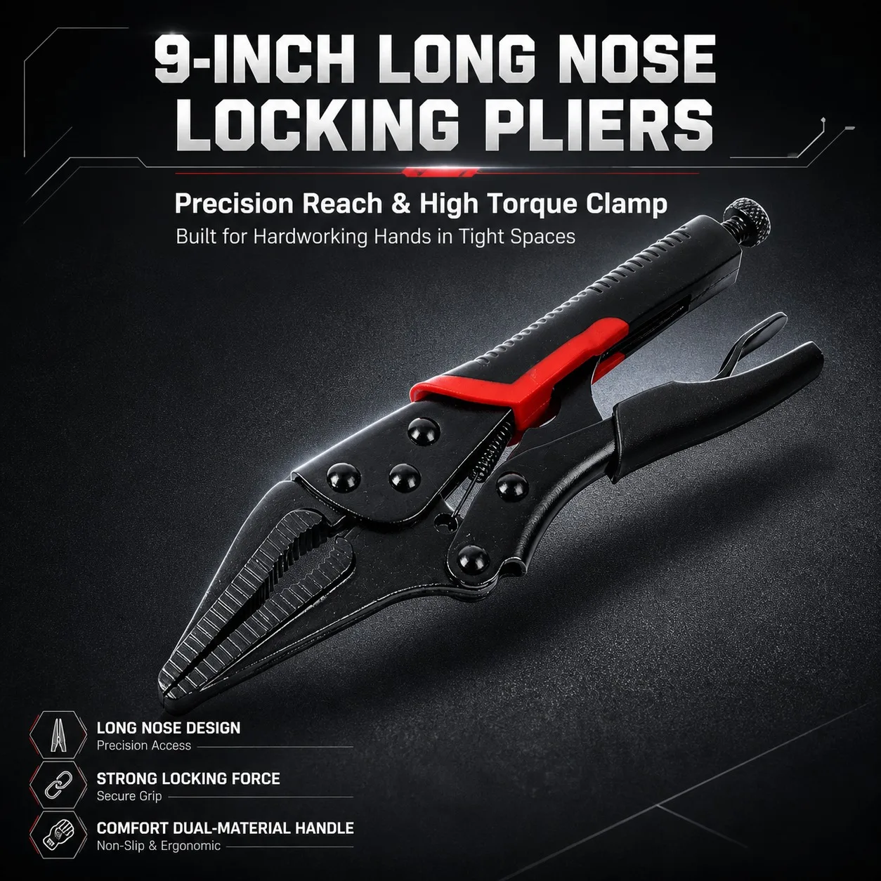 9 Inch Long Nose Vice Grip Locking Pliers,Black E‑coating,Non‑Slip Grip,Adjustable Jaw for Welding Repair Clamping