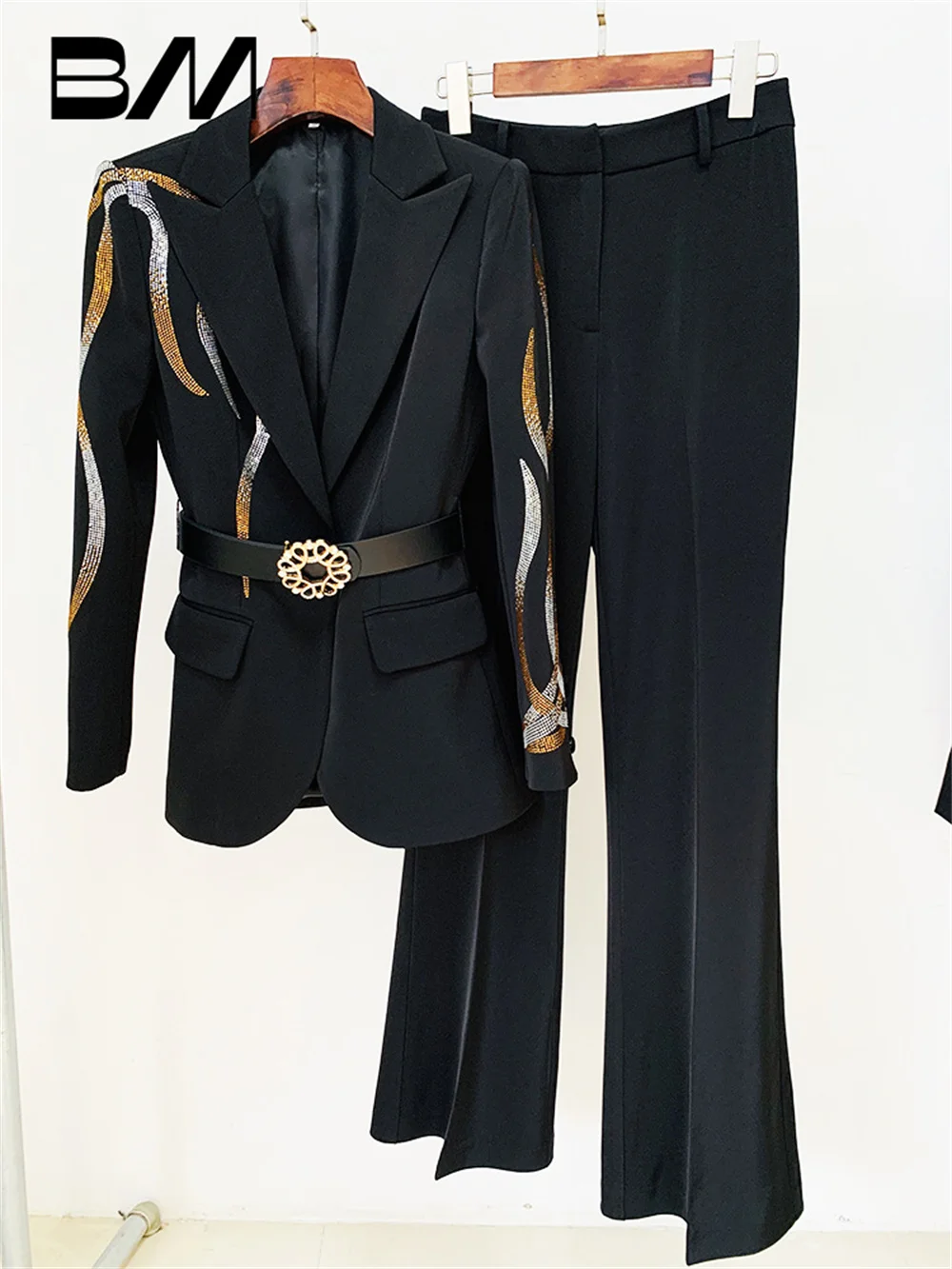 Temperament Spring Summer Colored Diamond Ladies Suit Charming Socialite Belt Office 2PCS Classic Suit Flare Pants Suit