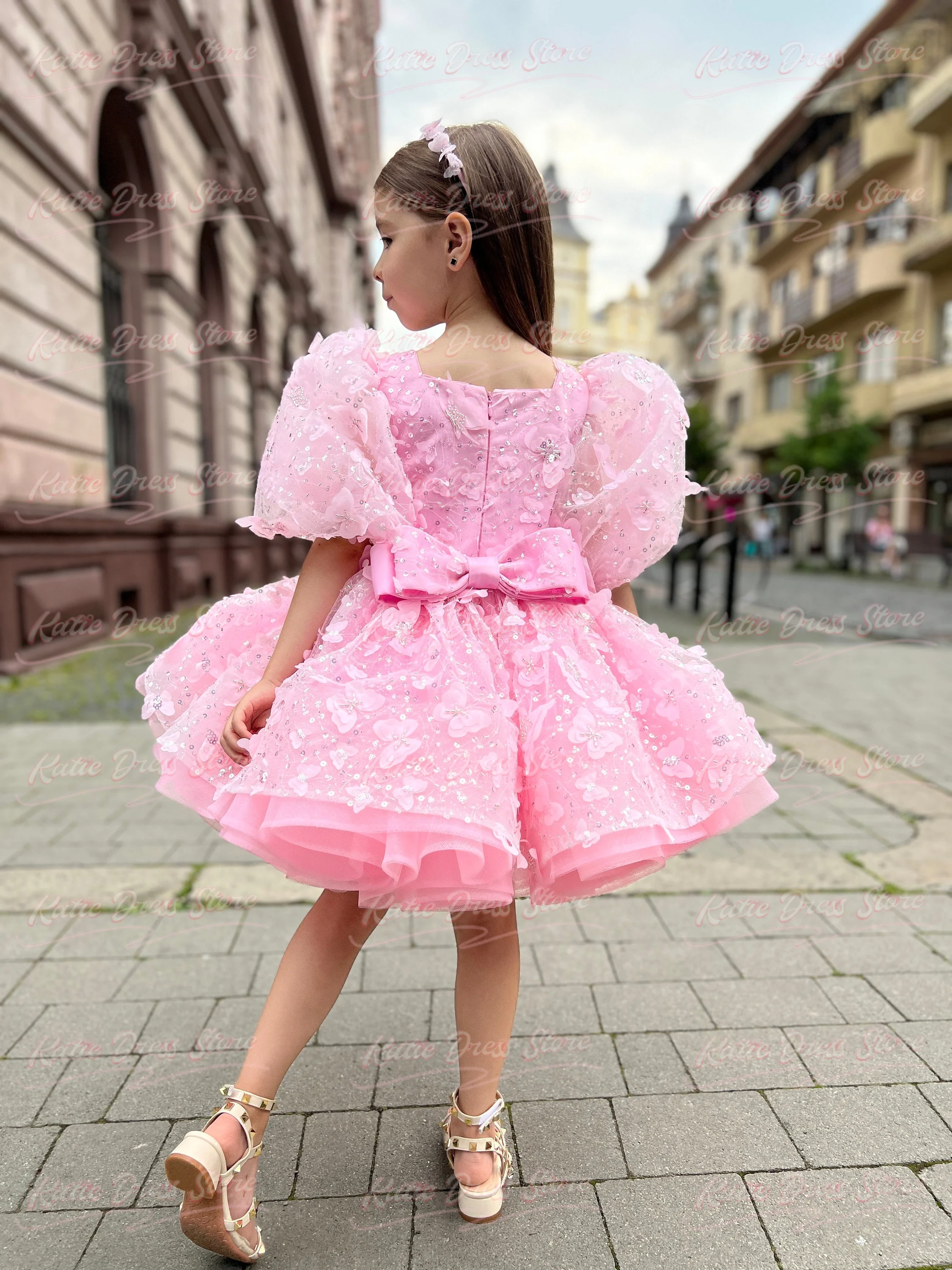 Pink Short Sleeve with Bow Flower Girl Dress for Wedding Tulle Puffy Kids Birthday Party First Communion Ball Gowns Customized