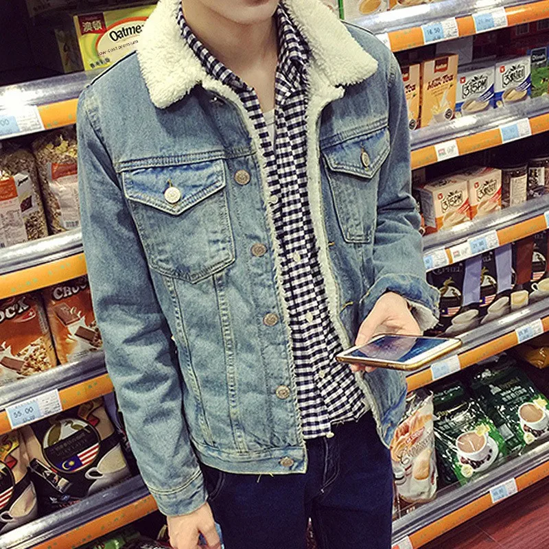 

Men's Winter Thiened Fce Lined Denim Jaet Retro Cotton Coat with Fur Collar Long Sve Loose Fit Outerwear