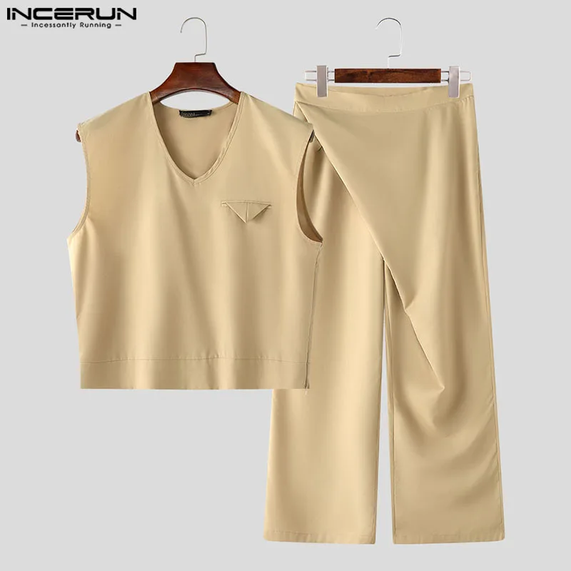 Stylish Mens Sets INCERUN 2024 Deconstruction Design Solid Color Sets Casual Streetwear Male All-match Vests Pant Two-piece Sets