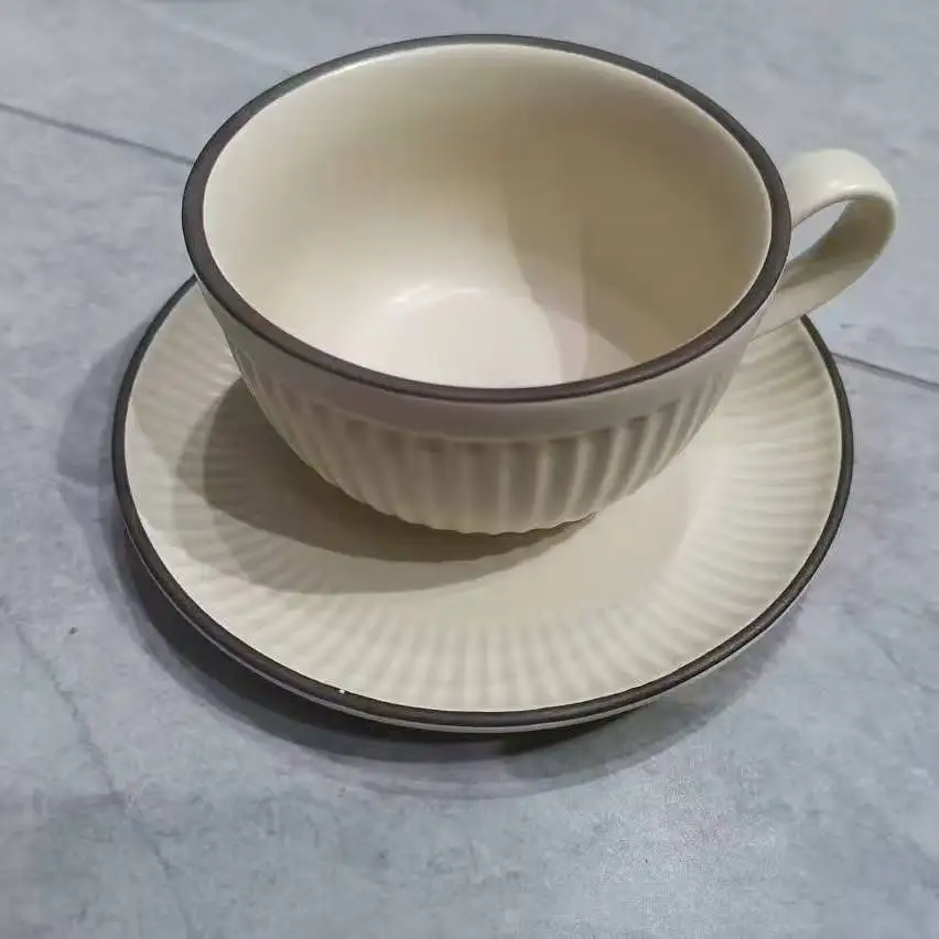 Vintage Ribbed Coffee Cup and Saucer, 275ml Matte Ceramic Mug for Home & Café Use, Heat Retaining, Food Grade