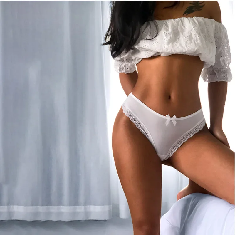 Ice Silk Mesh Lace Sexy Women\'s Underwear Bow Hollow Out String Sex Panties Crotch Cotton Seamless Briefs Thong