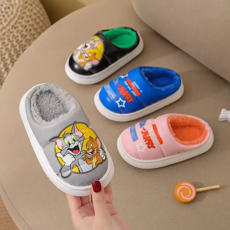 

drop shipping r‌eal pictures new winter comfortable cat and mouse cartoon girls black fashion children's kids cotton slippers
