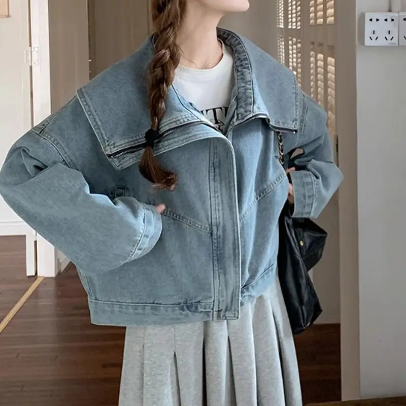 Autumn Big Collar Denim Jacket for Women, Stylish and Versatile Denim Coat, Casual Denim Shirt Jacket Top.
