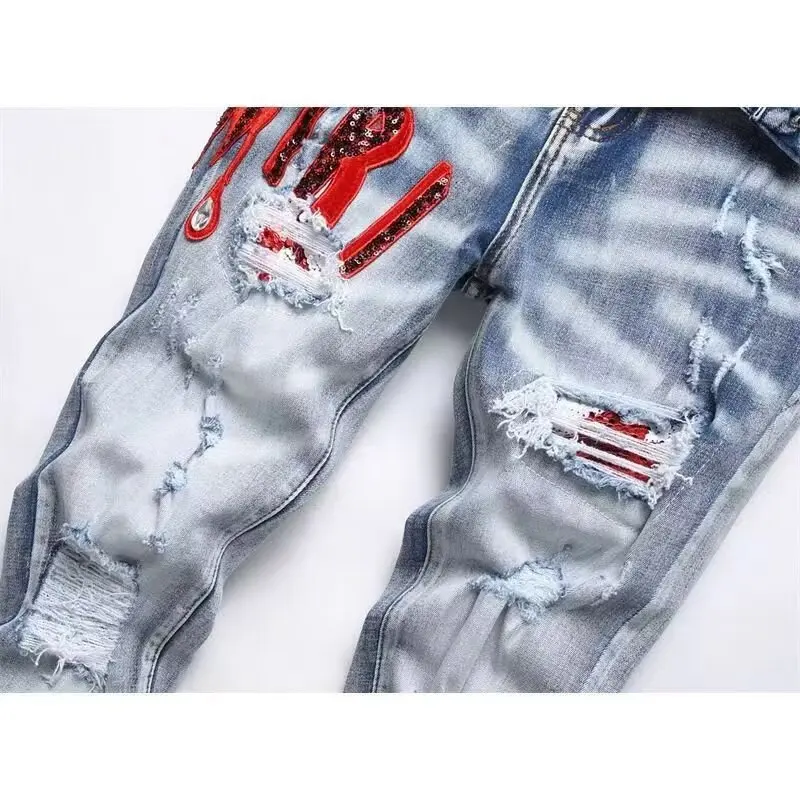 High Street stretch borduurwerk herenjeans gescheurde streetwear jeans punkstijl broek voor heren slanke mode kleine voeten herenjeans