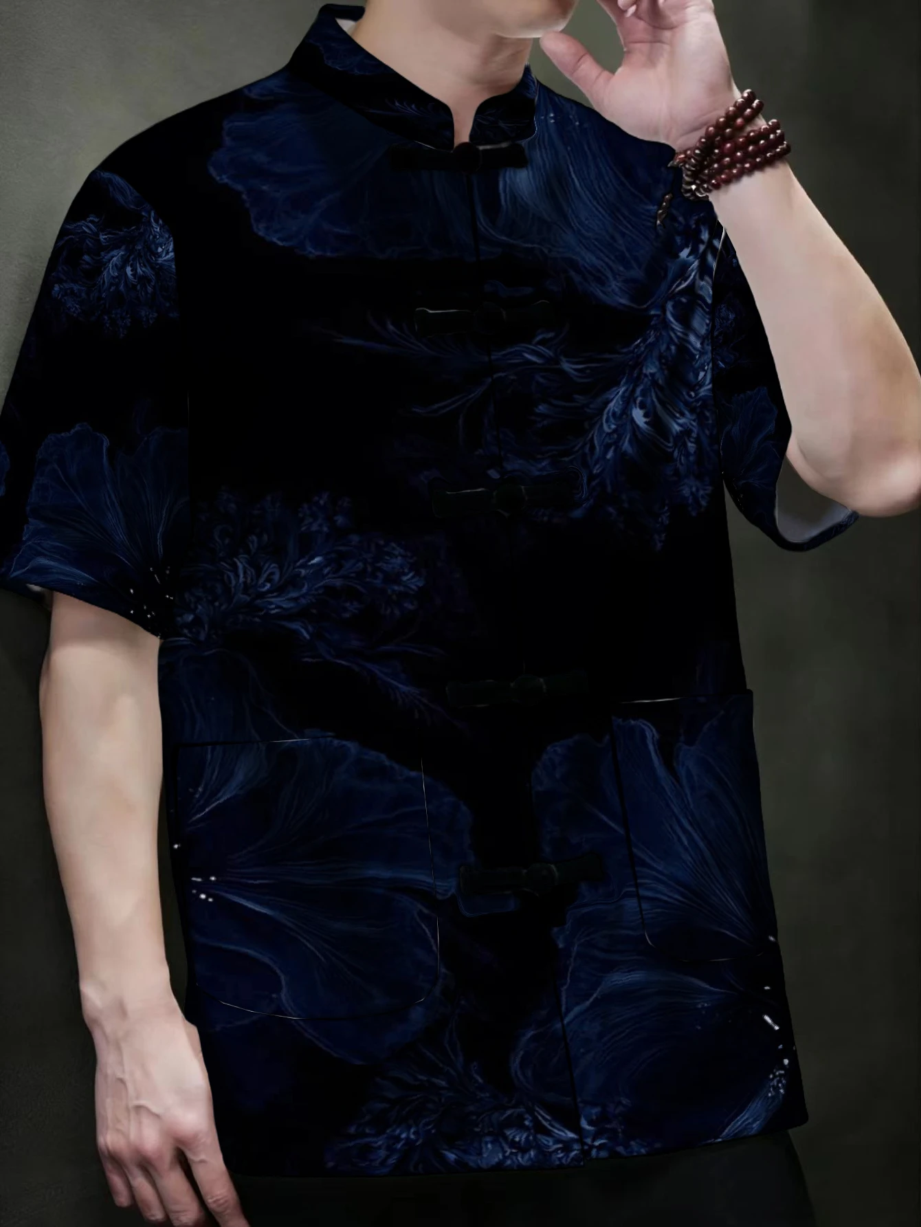 Men Traditional Chinese Tang Suit Short Sleeve Shirt Frog Button Stand Collar Koi Fish Jellyfish Tie Dye Floral Print Loose