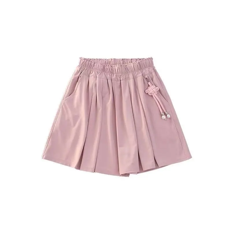 Kids Girls Cute Pleated Shorts 2025 New Children Summer Thin Whide Leg Pants Teenage Girls Pink Khaki Skirt Pants Chinese Style view 6