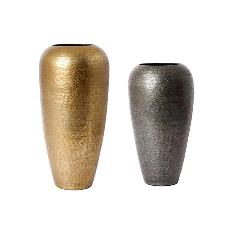 Modern Light Luxury Bronze Gold Stone Ink Knitted Hammer Pattern Classic Aluminum Vase Home Decoration Dry Flower Ornament