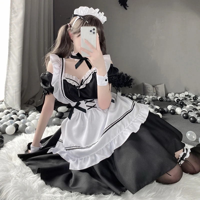 Poinrobe de femme de chambre Lolita noire et blanche, jolie fille Anime, costume Cosplay, tablier français sexy, uniforme de servante japonaise, tenue de femme de chambre 73