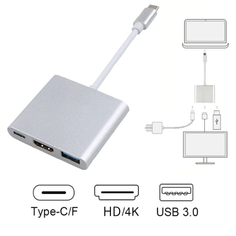 

USB-C 3IN1 HUB USB C Thunderbolt3 To HD Display Converter USB 3.0 4K UHD Type-C PD Fast Charging Cable Adapter for Macbook Pro