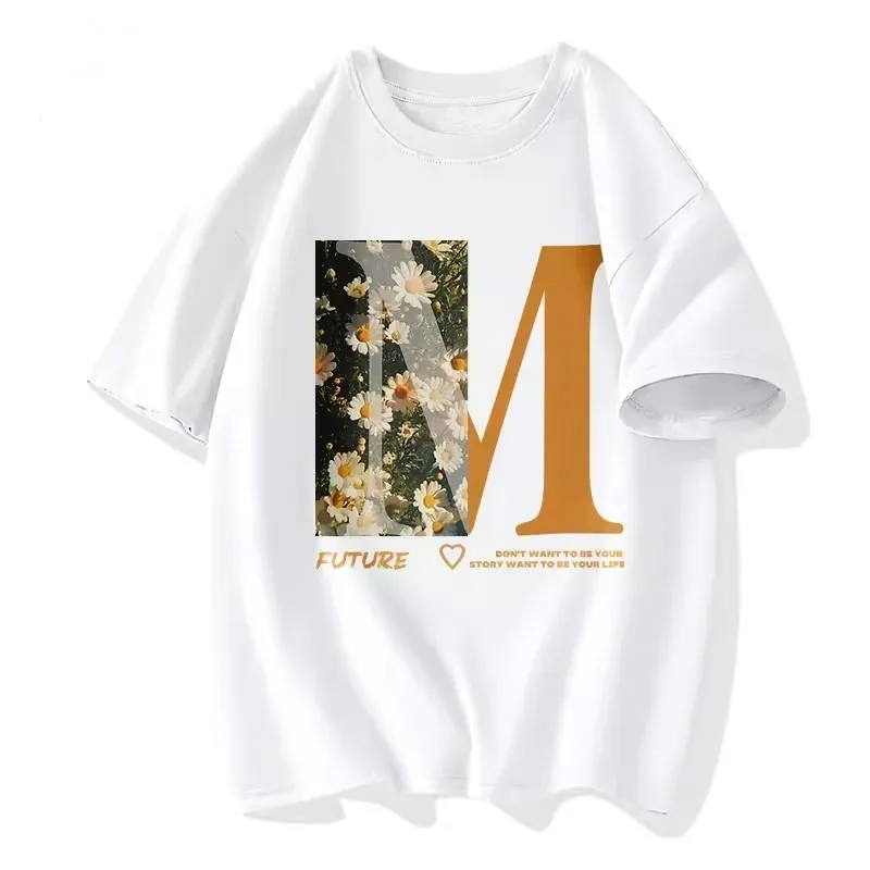 

New Men's Harajuku Graphic T-shirt M Letter Print Casual Summer Loose Short Sleeved Hip-hop O-Neck Green Shirts Tops Streetwear