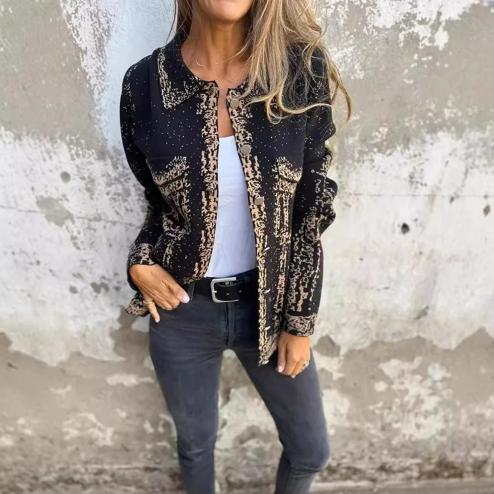 Casual Denim-Look Knit Jacket for Women, Long Sleeve Button Front Shacket with Pockets, Retro Washed Streetwear Coat