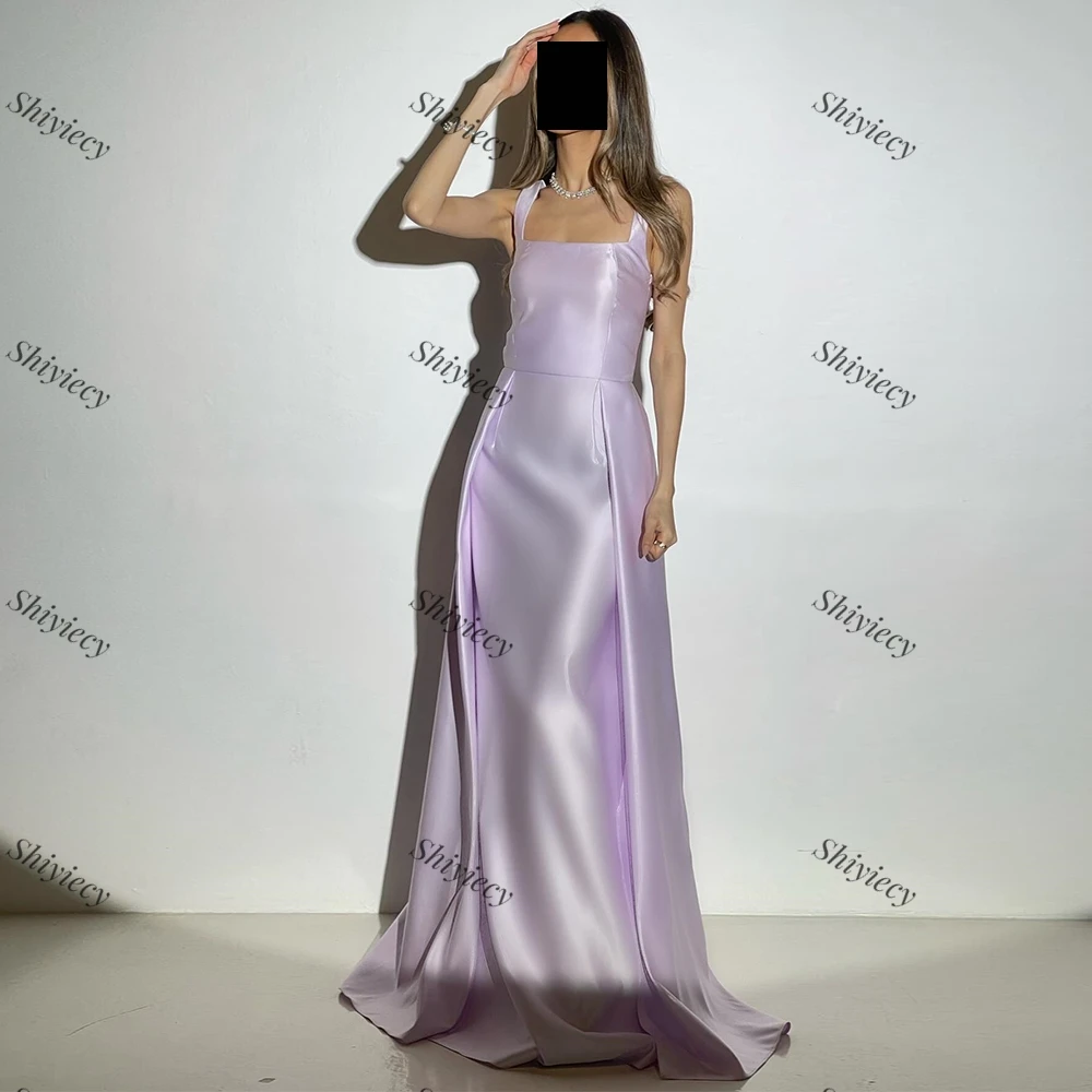 Lila quadratischer Kragen Satin Abendkleid für Frau ärmellose boden lange Abschluss ball Party kleider Sweep Train Promi Kleider