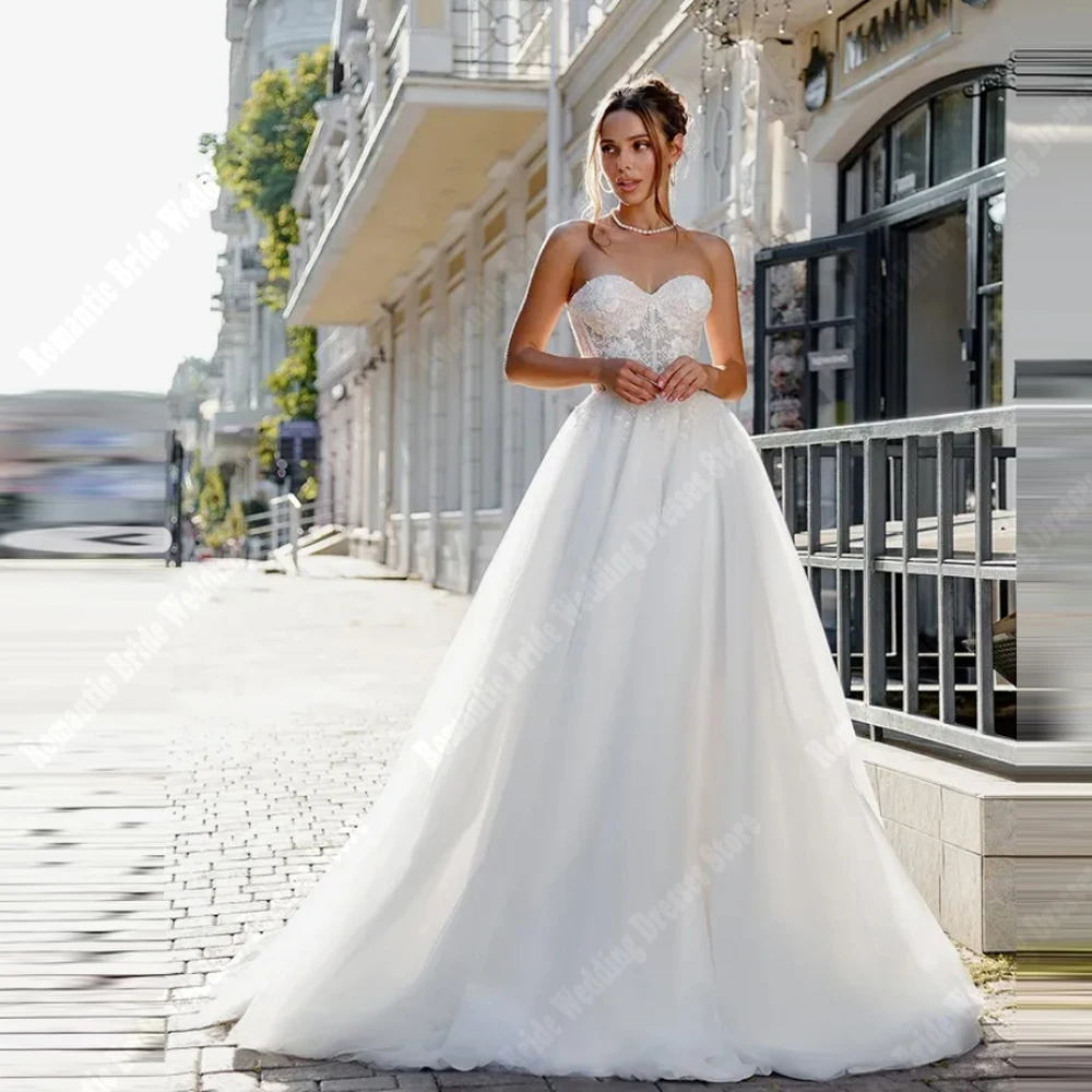 

Sweetheart Collar Women Wedding Dresses Lace Flower Printing Bride Gowns Mopping Length Sleeveless Vestidos De Novias Customized