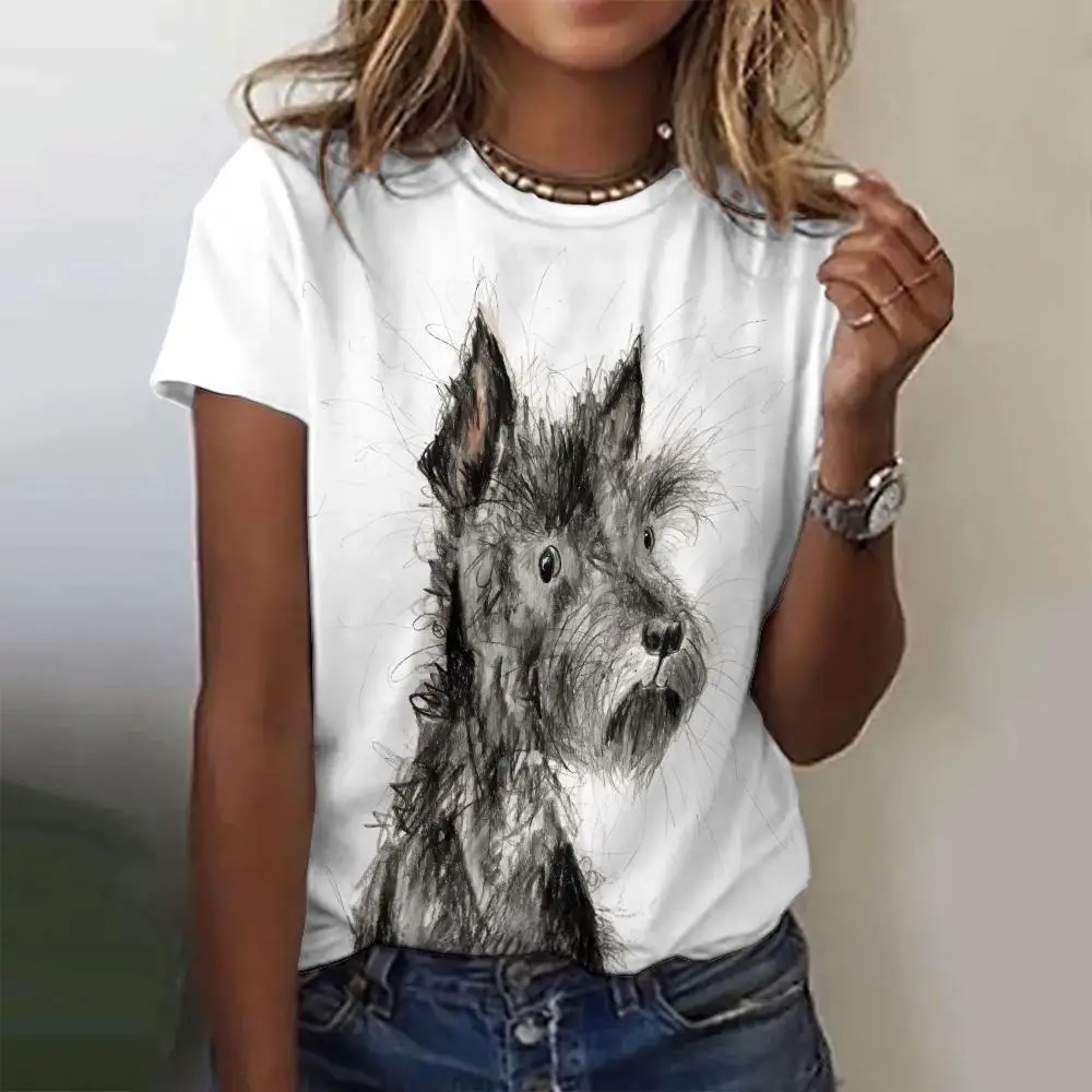 Funny Little Dog Print Women's T-Shirts O-Neck Top Short Pullover Sleeved Fashion Casual Oversize Tee Shirt Female Clothing 2024