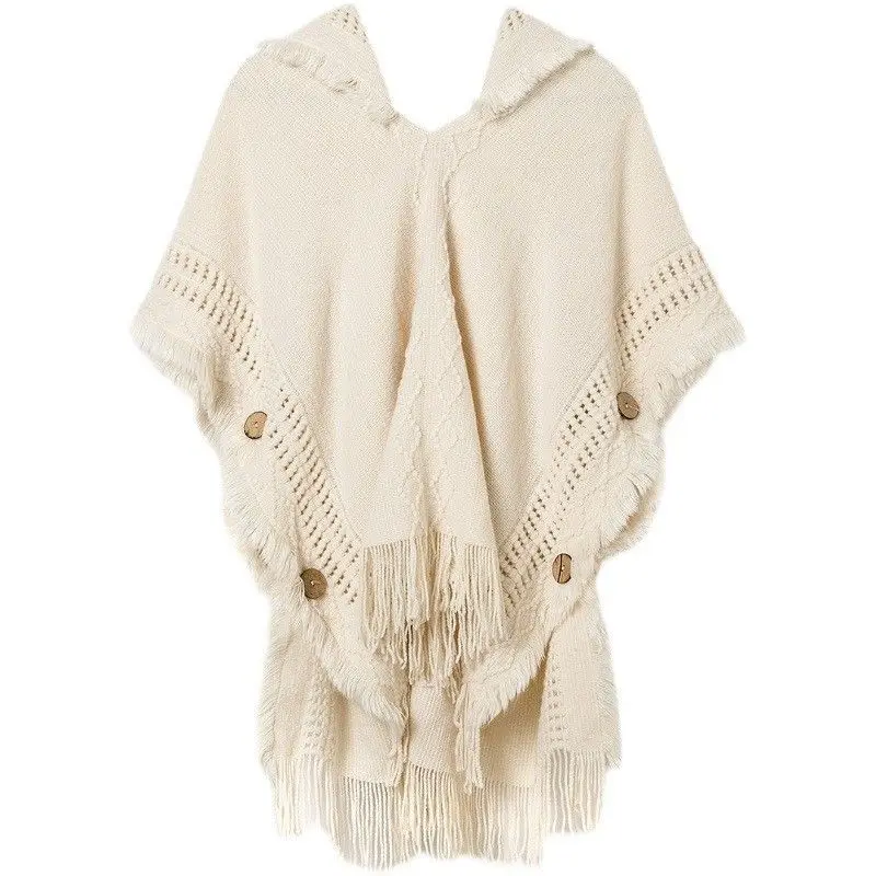 Châle de style bohème à pompon pour femme, pull en tricot Xsilk, cape de voyage dans la prairie, écharpe à capuche, polyvalent