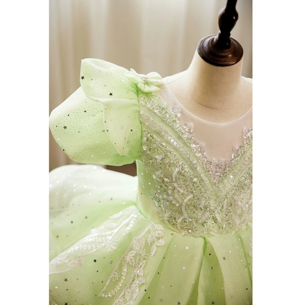 Romantic Elegant Light Green Ball Gown Long For Girls Birthday Party Sequined Beads Short Sleeves Princess Dresses Stage Catwalk