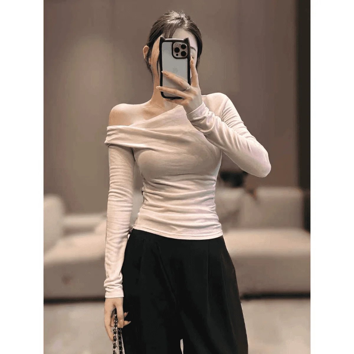 Damen T-Shirt Herbst Neu Schulterfreies Asymmetrisches One-Shoulder Langarm-T-Shirt für Mädchen Studentinnen Schlankmachendes Shirt – Detail 6