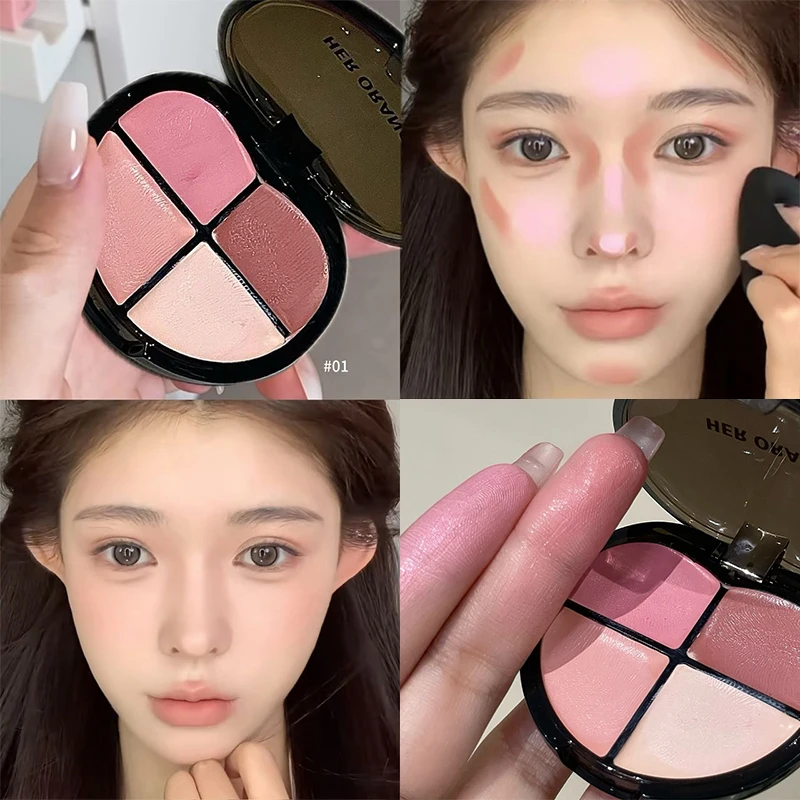 Rubor cremoso de 4 colores, resistente al agua, hidratante, color marrón baya, resaltador, barro, mejillas, colorete de melocotón acuoso, tinte de contorno cosmético