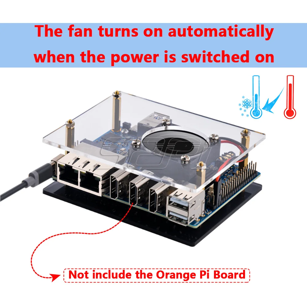 52Pi Orange Pi5 Plus Acrylic Case Starter Kit with  4010 Fan HeatSink Automatically Turn On