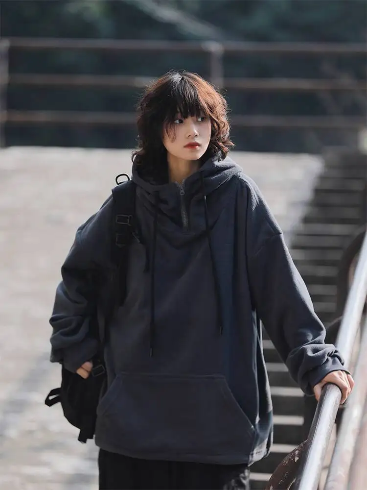 

A Yu Dai Japanese Retro Fleece Lined Hoodie Women's & Men's Loose Fit Thickened Pullover Autumn Winter American Style