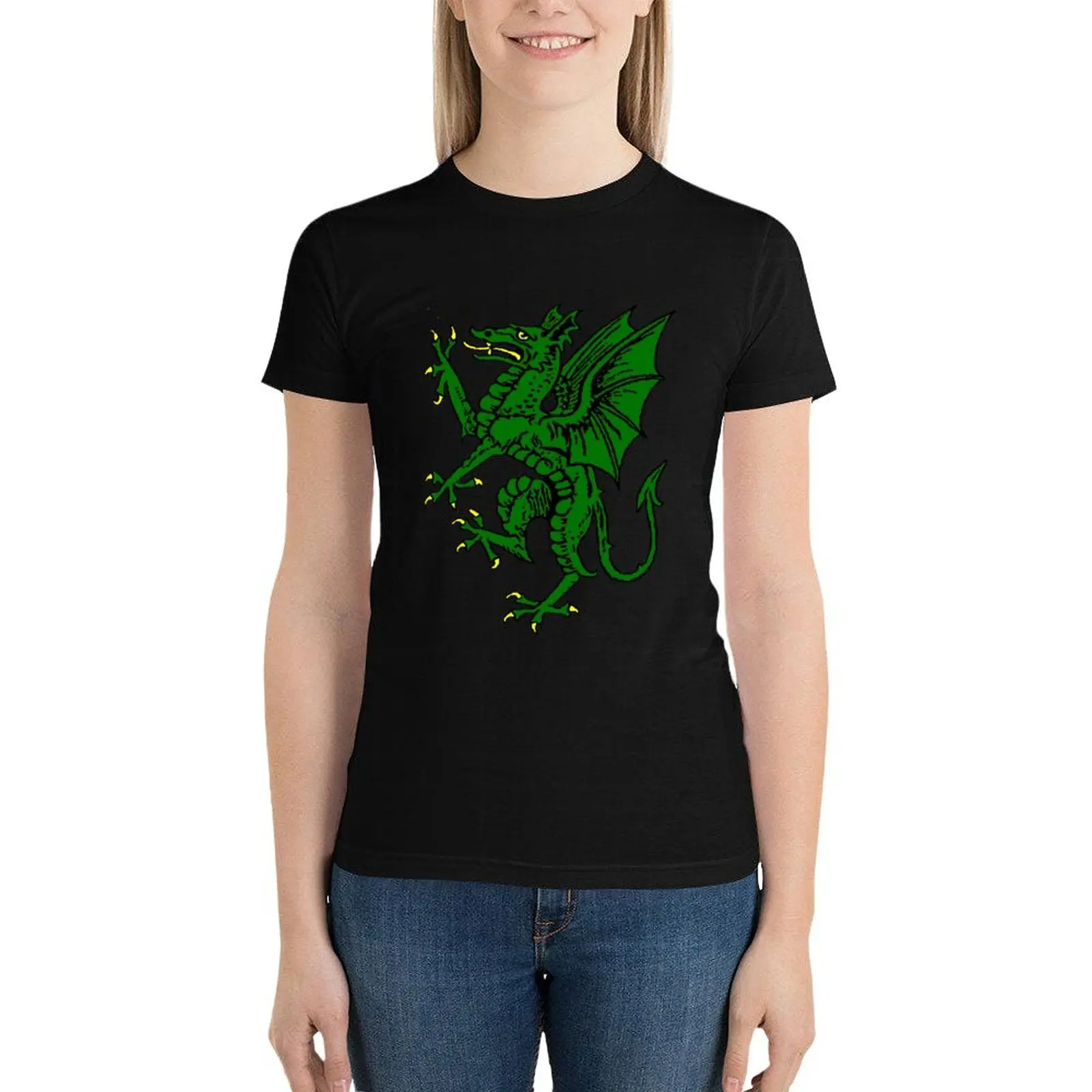 

Green Heraldic Dragon T-Shirt summer top anime clothes tops for Women