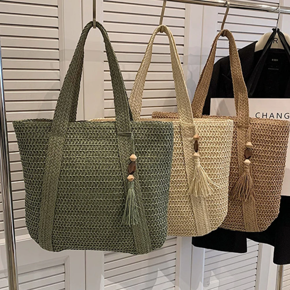 

Hand-Woven Straw Weave Tote Bag Women Holiday Beach Commute Casual Tote Top-Handle Bags Travel Leisure Large Capacity Handbags