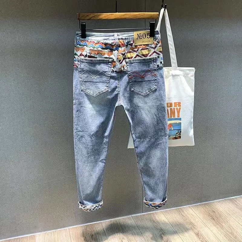 

Новые весенние мужские свободные прямые джинсы Harlan, джинсовые брюки с вышивкой в стиле пэчворк, модные брендовые эластичные девять очков